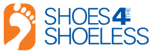 Logo of Shoes 4 The Shoeless, featuring a stylized orange footprint icon on the left and the name "Shoes 4 The Shoeless" written in blue text on the right